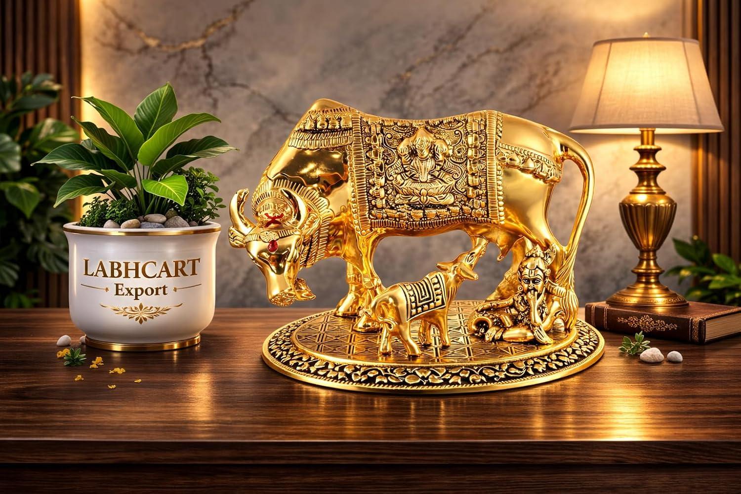 SHRI KRISHNA Sheela Handicraft Kamdhenu Cow with Calf & Krishna Idol